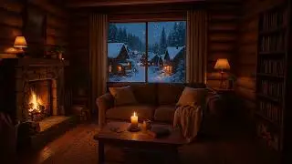 Cozy Cabin Fireplace with Snow Falling Outside – Relaxing Winter Ambience
