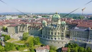 Bern, Switzerland. Federal Palace - Bundeshaus, Historic city center, general view, Aare river, Aer