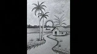 Sunset scenery drawing with pencil sketch 