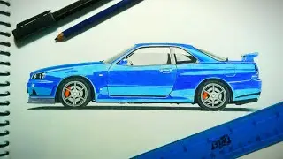 DRAWING NISSAN GTR CAR)-Nissan gtr skyline R34 car drawing