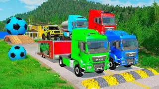 Triple Flatbed Trailer McQueen Transportation with Truck - Speedbumps vs Cars vs Train - BeamNG 0119