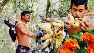 Survival Skills - Primitive Catch And Cook Chicken In Forest - Man Vs Wilderness/Eating Delicious #4