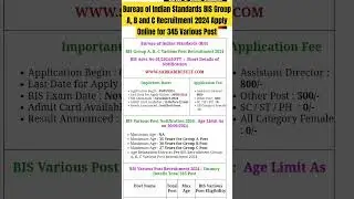 Bureau of Indian Standards BIS Group A, B and C Recruitment 2024 Apply Online for 345 Various Post