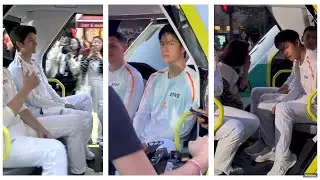 Wang Yibo is super handsome in his torch relay uniform in Paris, the scene is very bustling