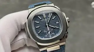 Nautilus 5980/60G-001 Patek Philippe Flyback chronograph, Date 40.5 mm,White gold, Denim