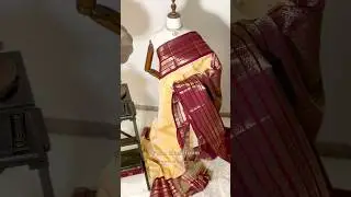 ✨$472 Paal Aadai Cream & Saffron Maroon Pure Handloom Kanchipuram Silk 🌸