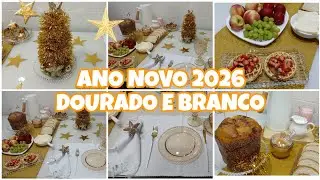 MESA POSTA CAFÉ DA MANHÃ SUGESTÃO ANO NOVO NO DOURADO COM ESTRELA 
