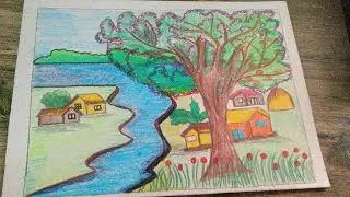 How to draw easy scenery drawing / Riverside village scenery /Bangladesh village drawing.