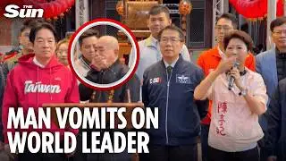 Disgusting moment elderly man spews onto Taiwan&rsquo;s president during speech