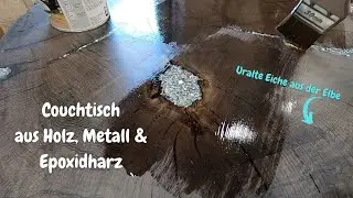 Couchtisch aus Eiche, Metallflakes und Epoxidharz