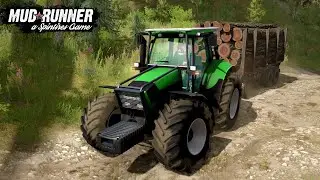 Spintires MudRunner Buhrer 6105 Tractor with a large trailer driving uphill