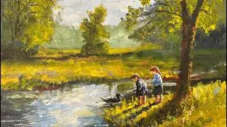 Painting A Nostalgic Acrylic Landscape with Children Feeding The Ducks