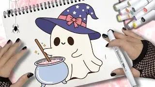 Cómo dibujar un fantasma de HALLOWEEN con sombrero y caldero - DIBUJO DE HALLOWEEN