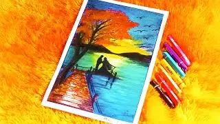 A ROMANTIC COUPLE ON SEA BEACH || DRAWING WITH OIL PASTELS ||EASY STEP