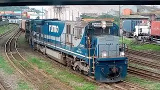 Trio de C30-7 7689/7622/9400 Rumo manobrando vag&otilde;es Rumo e MRS no patio PST em Santos Pt 1