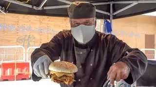 Double Chicken Sandwich Plus Melted Cheese. English Street Food. London, Soho