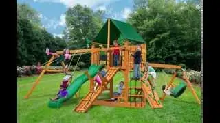 Gorilla Playsets Frontier Swing Set w Amber Posts and Sunbrella Canvas Forest Green Canopy