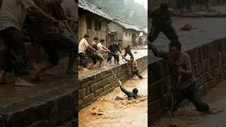 급류에 휘말린 중국 사람을 구하는 주민들