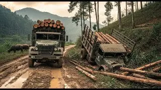 U.S. Military REO Truck Hauling Logs Through Muddy Storm &ndash; Ultimate Challenge!