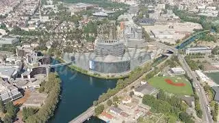 Dolly zoom. Strasbourg, France . European Parliament. Government agency. Summer day, Aerial View