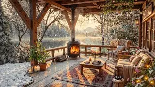 Cozy Winter Morning Porch Ambience ⛄ Fireplace Sounds, Soft Piano Jazz & Snowfall for Focus