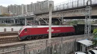 CRH1A-1017 C7007次(廣州東站-深圳站)通過深圳東站+HXD1D 0211+25G 牽引K92次(深圳東站-南通站)駛出深圳東站