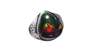 Captivating Men's Ethiopian Black Opal Ring - Sterling Silver Textured Band - 8825 | FlashOpal