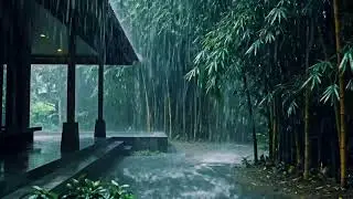 Heavy Rain ASMR Soundscape by Home Terrace and Green Bamboo Trees for Quiet Deep Sleep Night 100