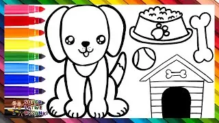 Narysuj i pokoloruj 3 urocze pieski z akcesoriami 🐶🐾🦴🐕🥫🏡🌈 Rysunki dla dzieci