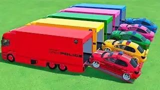 Double Flatbed Trailer Truck vs speedbumps |Police car vs speedbumps - Beamng Drive | #134