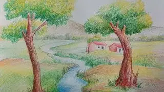 Landscape 105 with Pencil Colour #Pencilcolor #Art #Tree #house  #stroke 