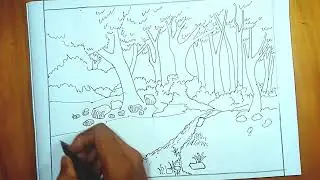 Beautiful Forest Scene Drawing with Pen | Peaceful Nature Landscape Art | Step-by-Step Ink Drawing