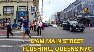 Life in Main Street Flushing, Queens. 8 AM New York City Walking Tour 4K