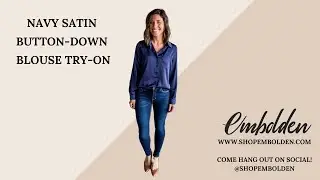 Navy Satin Button-Down Blouse Try-On