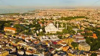 Dolly zoom. Istanbul, Turkey. Panoramic aerial view of Suleymaniye Mosque and Bosphorus Strait en...