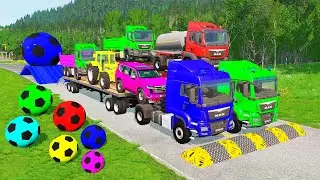 Flatbed Trailer McQueen Transportation with Truck - Speedbumps vs Cars vs Train - BeamNG.Drive #35