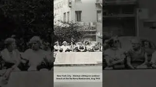 New York City - Women sitting on outdoor bench at the Du Barry Restaurant, Aug 1953