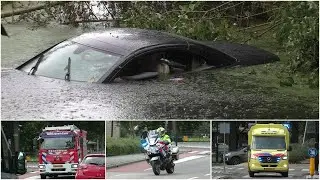 Auto raakt te water bij supermarkt in Alblasserdam. | hulpdiensten met spoed onderweg.