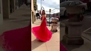 Strawberry Red Embroidered Lace A-Line Prom Gown w/ Allover Stone Accents & Illusion Lace Open Back