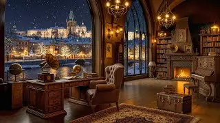 Peaceful Winter Jazz in a Cozy Wooden Library – Warm Jazz with Fireplace and Falling Snow for Calm