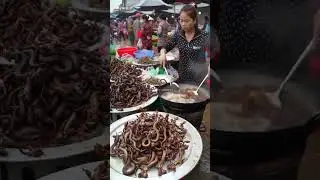 Asian Street Vendor Frying Snakes | Crowded Wet Market Scene