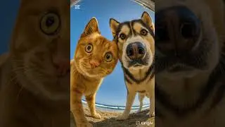 ✨ Lucky HanaCat, warmth every day!Cat & Husky Beach Close-Up! Cutest POV Ever 🐱🐺貓咪與哈士奇沙灘探頭合照！超萌視角來了