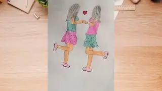 🐾👭 Cute Friendship & Sister Bond Drawing ❤️ | Hand in Hand Girls Sketch ✨ Easy & Beautiful Art