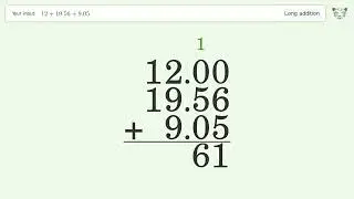 Long addition: Solve 12+19.56+9.05 step-by-step solution