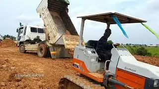 incredible Excellent Bulldozer HITACHI DX45M working push soil with dump track 5T spreading soil.
