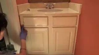 vanity make-over: removal of plastic melamine cabinet fronts, paint and antique