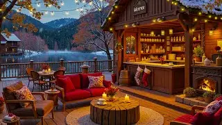 Cozy Winter Porch Ambience on a Snowy Day ❄ Smooth Jazz Music & Crackling Fire for Work, Study