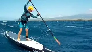 Maui 9 Year Old Bobo Gallagher Charges on SUP Maliko Run with Suzie Cooney
