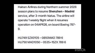 HAINAN AIRLINES RESUMES SHENZHEN &ndash; MADRID IN 2Q26