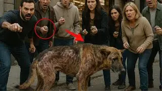 The image is a high-resolution, candid street photograph of a stray dog ​​staring into the camera.